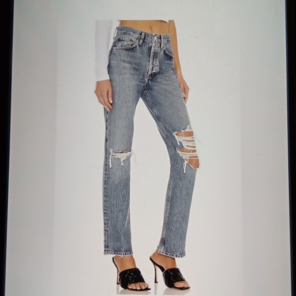 Agolde Lana Straight In Backdrop Color Distressed Mid Rise Button Fly Womens 25